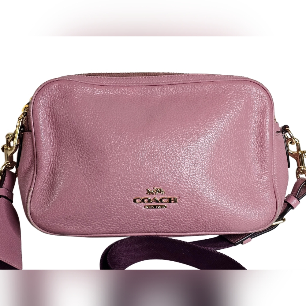 Coach Jes Crossbody Camera Shoulder Bag Double-Zip Pink Metallic Pebbled Leather - Picture 2 of 16